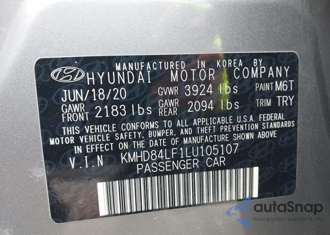 2020 Hyundai Elantra Sel z USA, uszkodzony, nr VIN KMHD84LF1LU105107